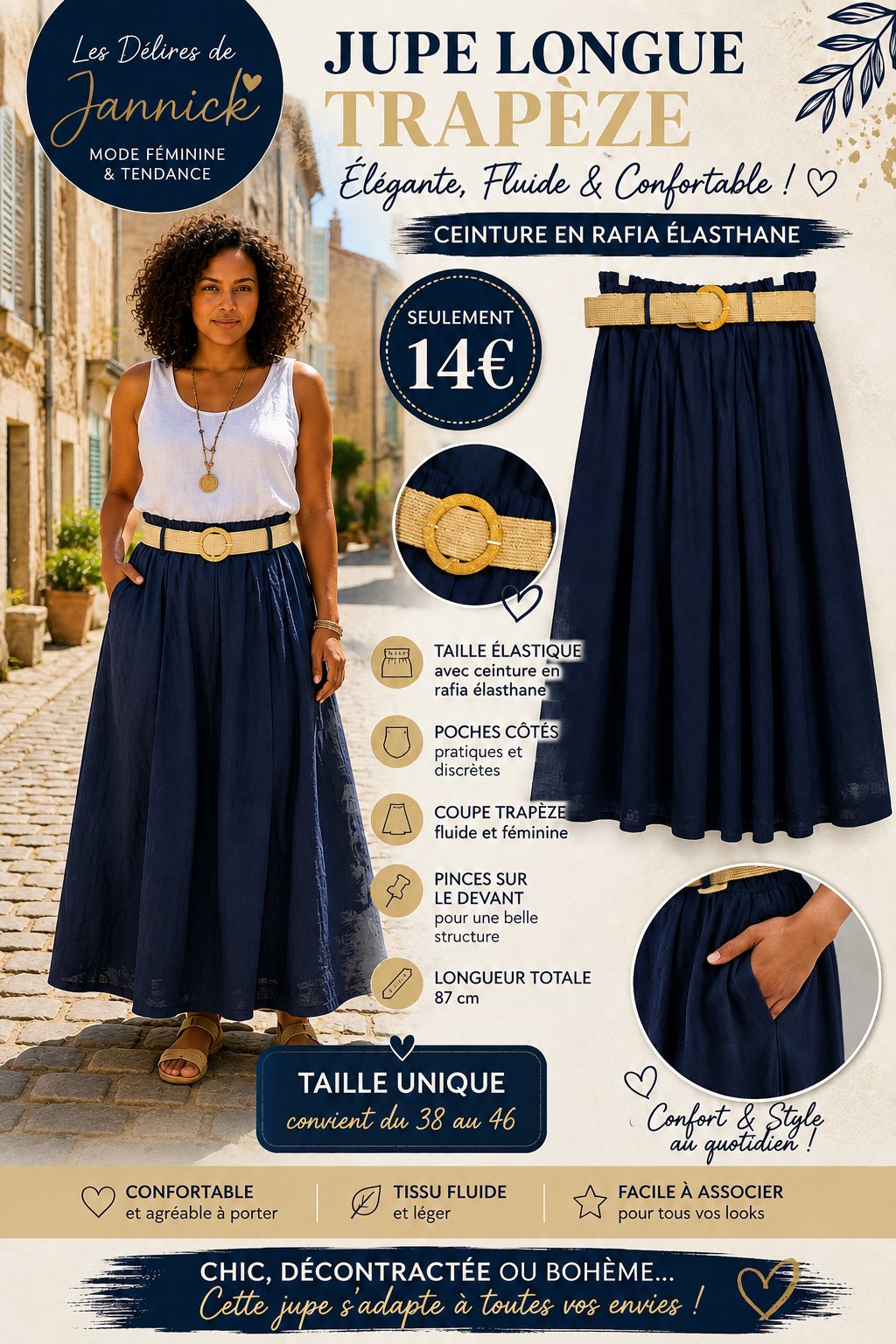 *50 ✨ JUPE LONGUE Bleu marine TRAPÈZE – ÉLÉGANTE, FLUIDE & CONFORTABLE ✨