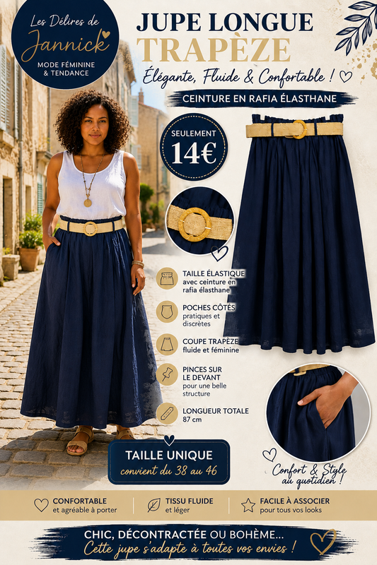 *50 ✨ JUPE LONGUE Bleu marine TRAPÈZE – ÉLÉGANTE, FLUIDE & CONFORTABLE ✨