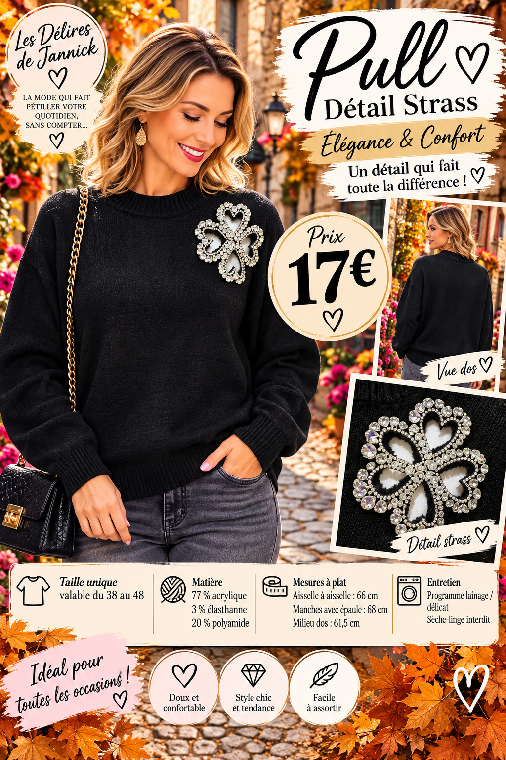 144  ✨ Pull noir à strass – Élégance & confort