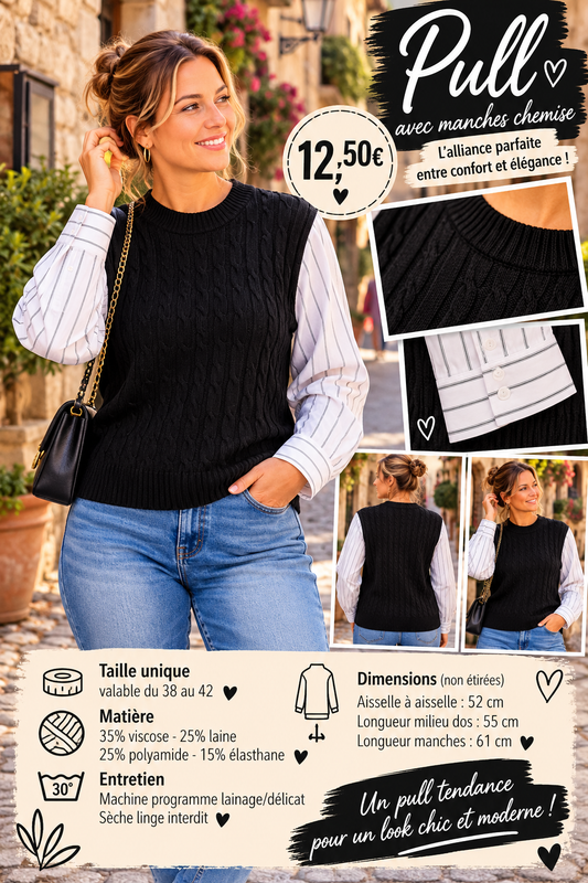 170 🌸 PULL EFFET TORSADÉ AVEC MANCHES CHEMISE 🌸Coloris NOIR