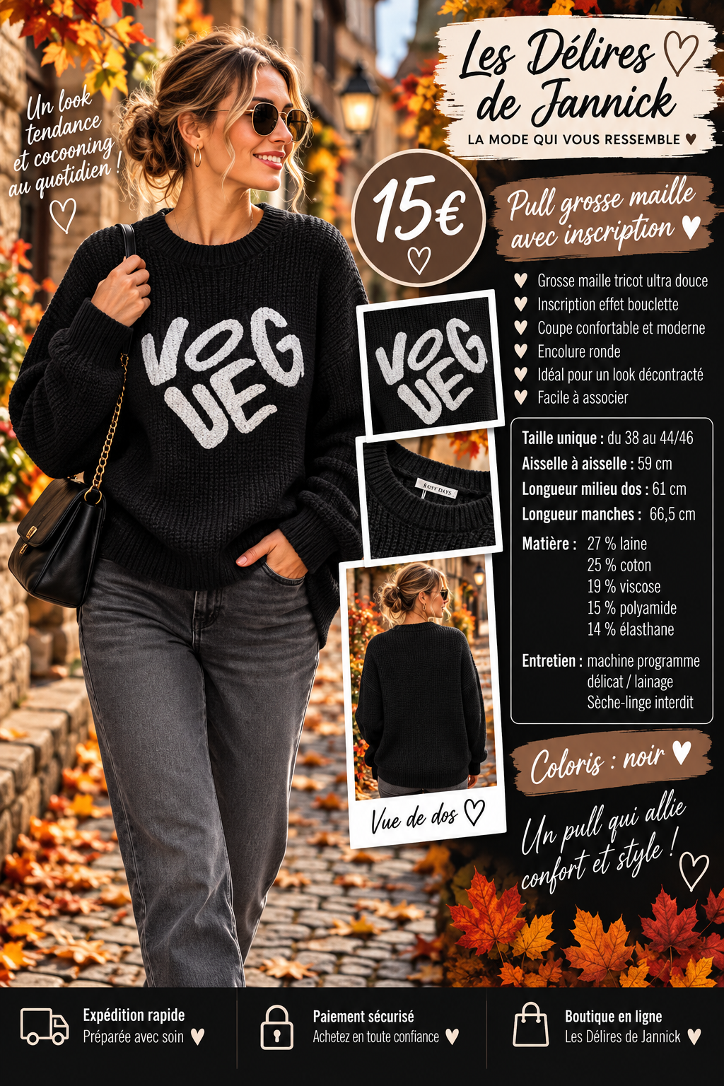 147 🍂🤎 NOUVEAUTÉ – LE PULL GROSSE MAILLE QU’ON ADORE ! 🤎🍂Coloris NOIR