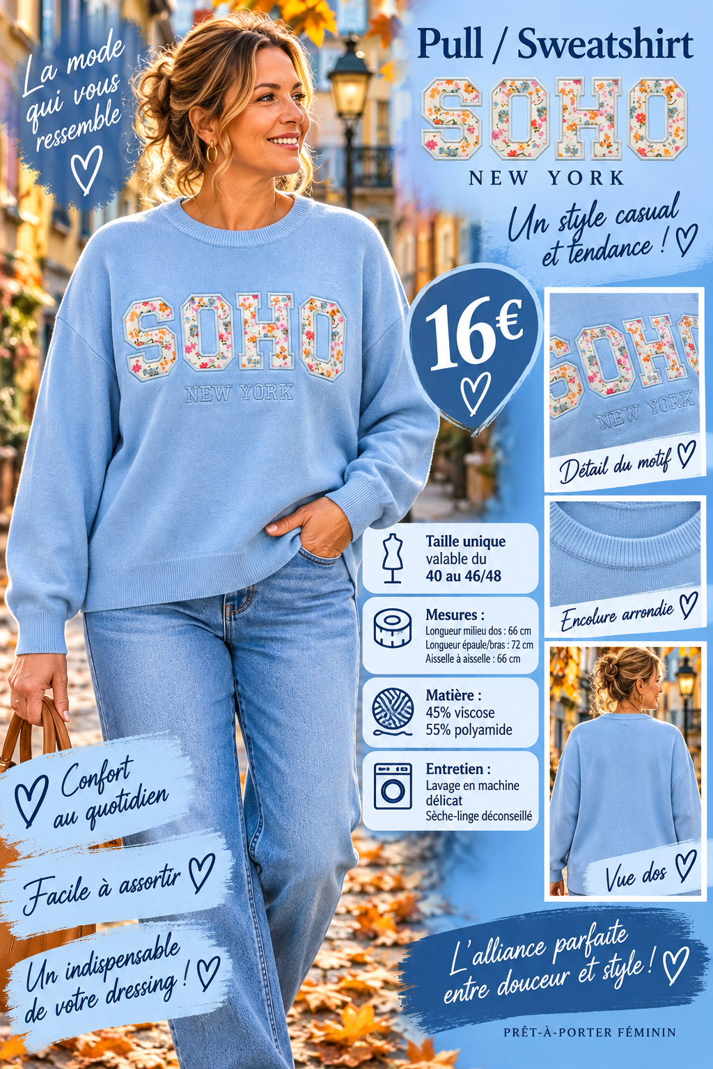 *94 🌸 PULL / SWEATSHIRT SOHO – NEW YORK BLEU  🌸