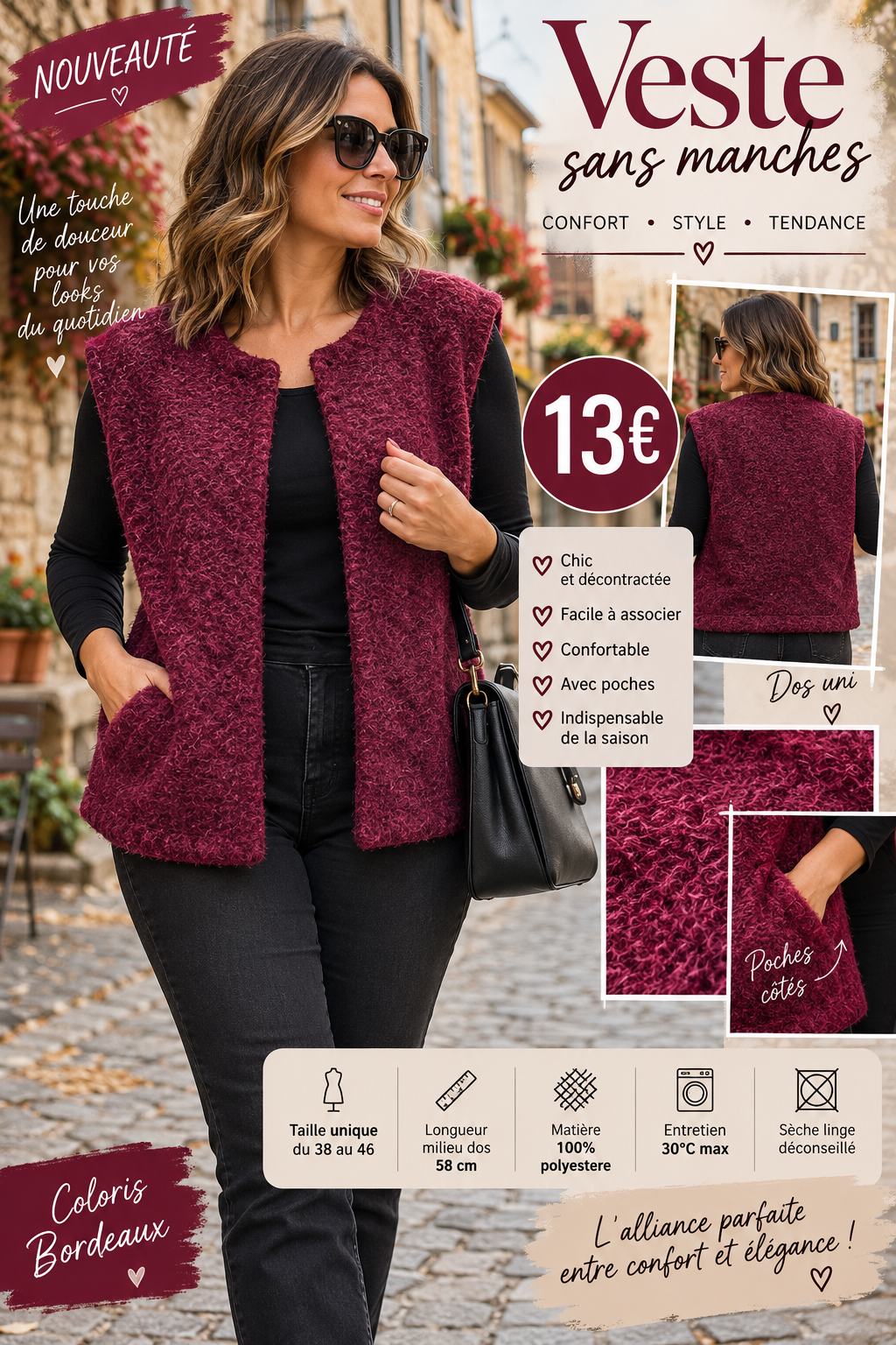 137 🤎 NOUVEAUTÉ – VESTE SANS MANCHES EFFET LAINAGE 🤎Coloris BORDEAU