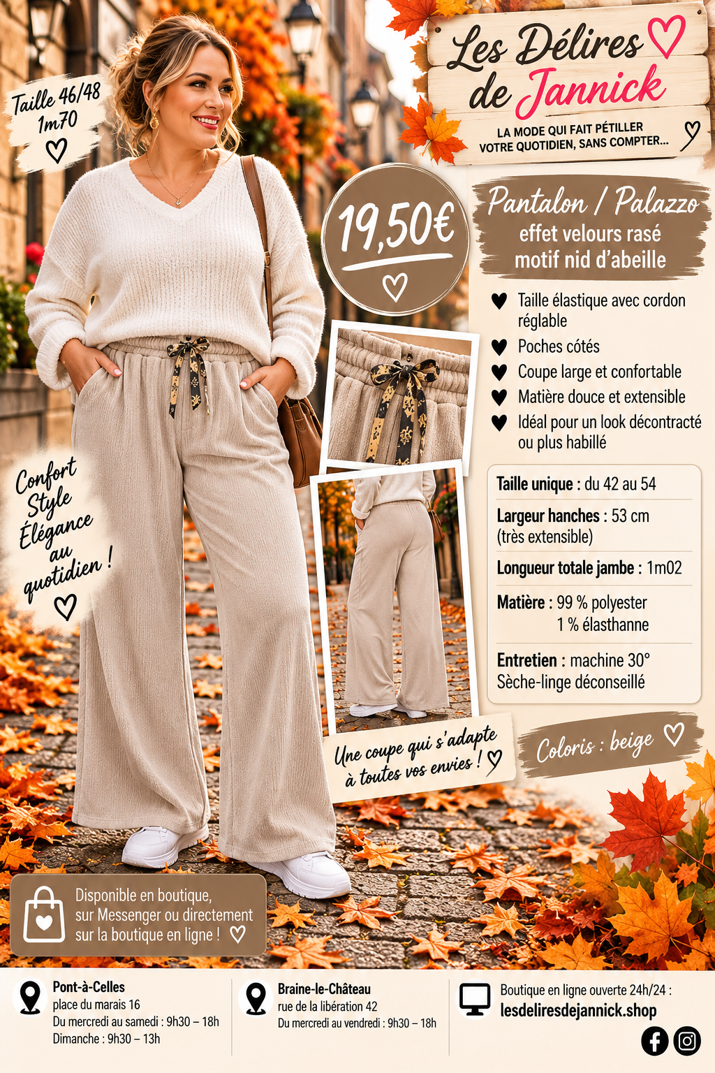 129 PANTALON / PALAZZO EFFET VELOURS RASÉ – ULTRA CONFORTABLE Coloris BEIGE