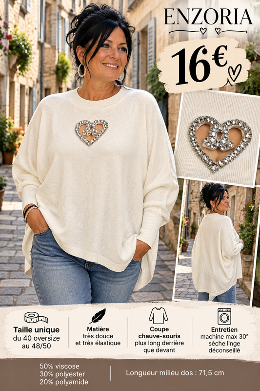 220 Pull chauve-souris ENZORIA – Cœur strass ajouré Coloris BLANC CASSER
