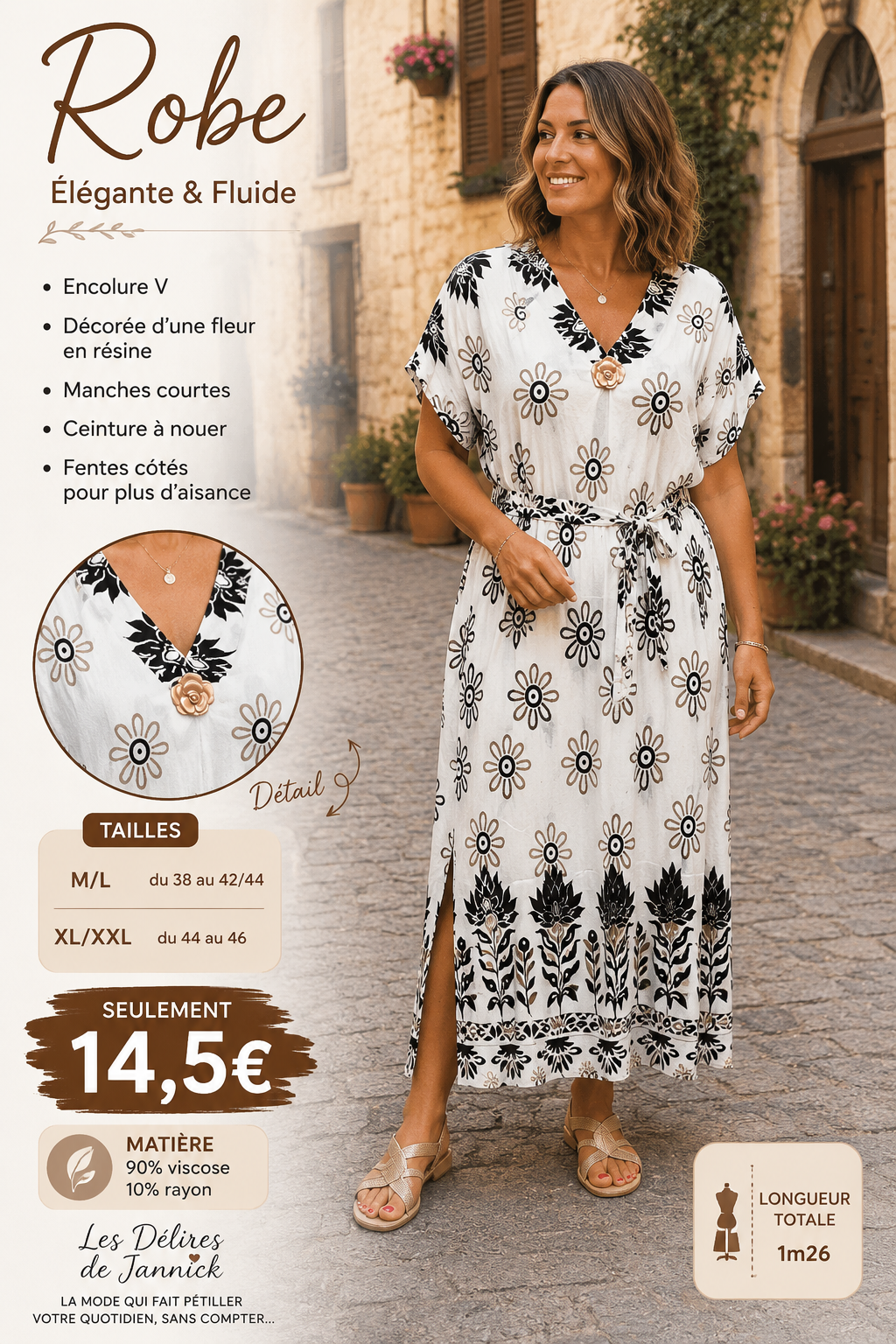 *37 ✨ Robe beige/noir longue imprimée – Élégante & féminine ✨
