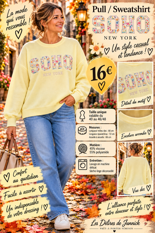 *94 🌸 PULL / SWEATSHIRT SOHO – NEW YORK JAUNE 🌸