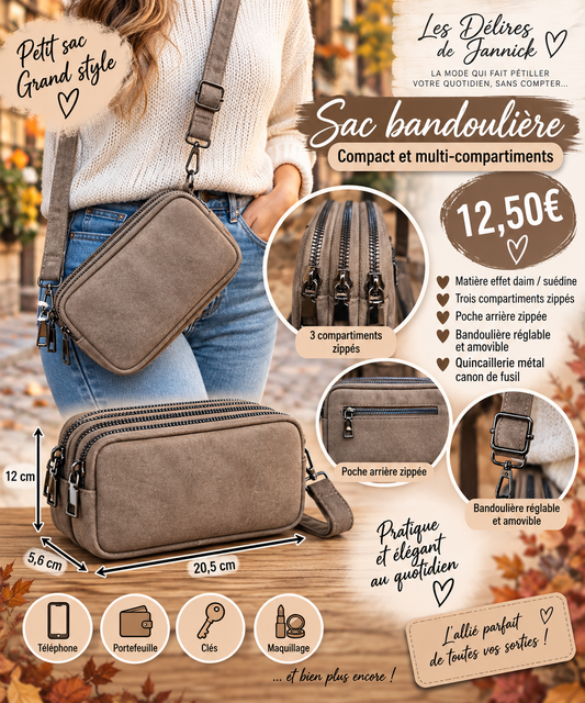 👜 Sac bandoulière compact – effet daim / suédine  Coloris taupe