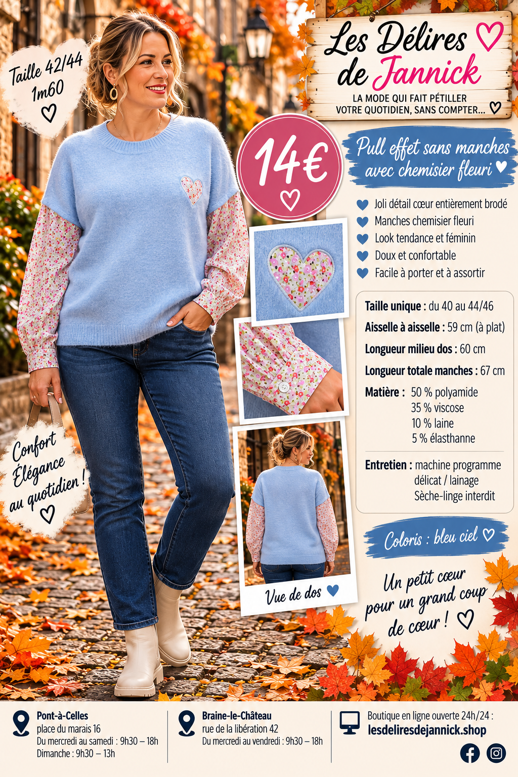 139 🌸 PULL EFFET SUPERPOSÉ AVEC MANCHES CHEMISIER FLEURI 🌸Coloris BLEU CIEL
