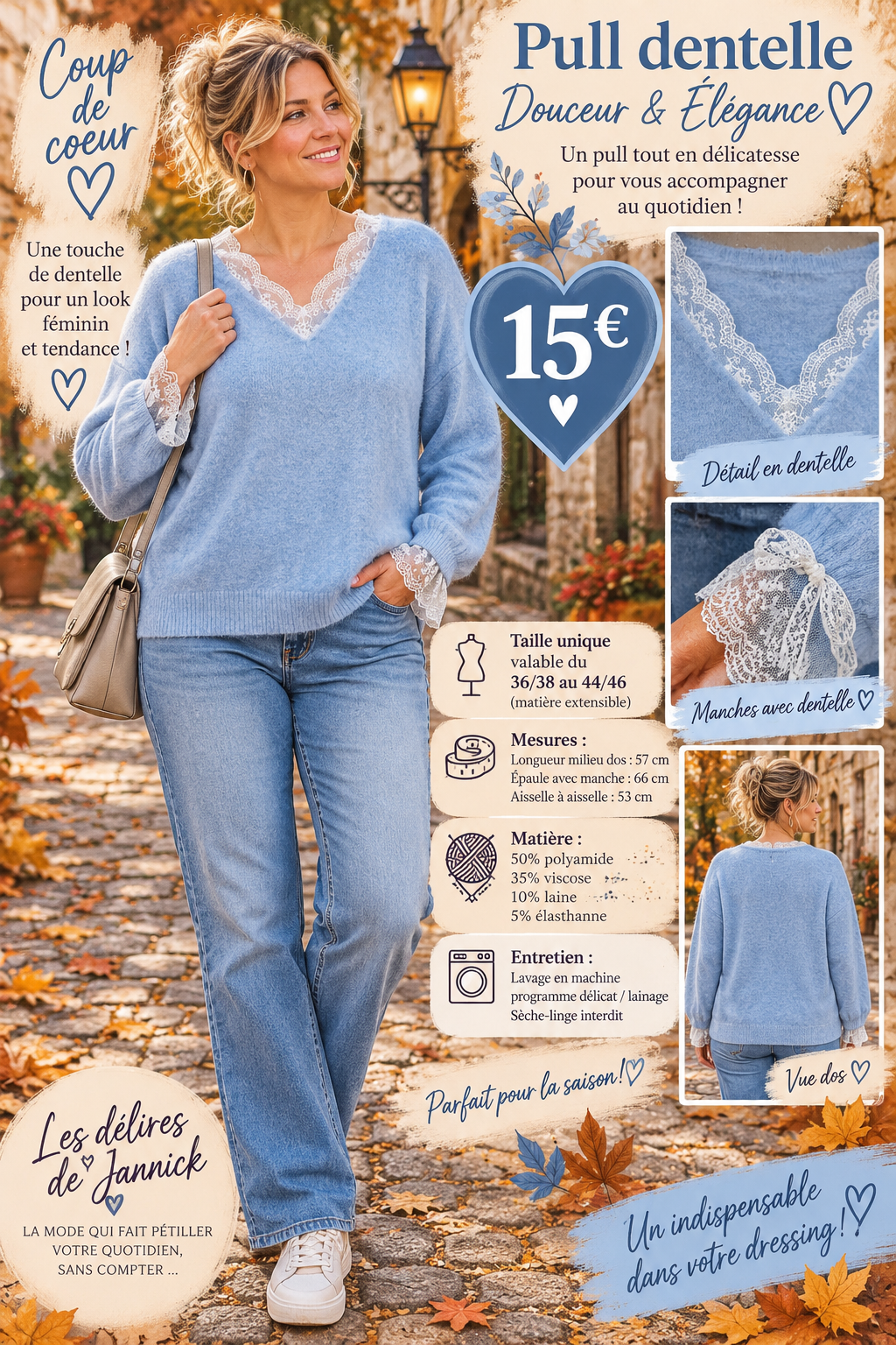 *95 💛 Pull dentelle BLEU CIEL – douceur & féminité 💛