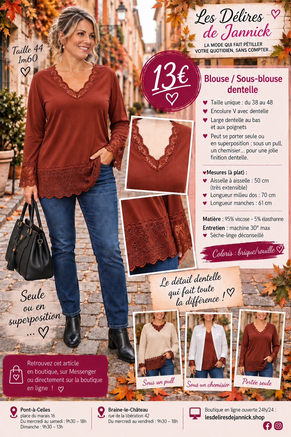 157 BLOUSE / SOUS-BLOUSE DENTELLE – L’ÉLÉGANCE JUSQU’AU MOINDRE DÉTAIL 🤍Coloris BRIQUE