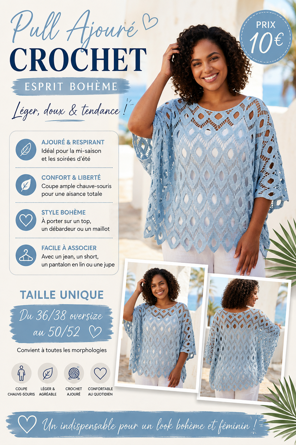 ✨ Pull ajouré en crochet – Esprit bohème & confort absolu