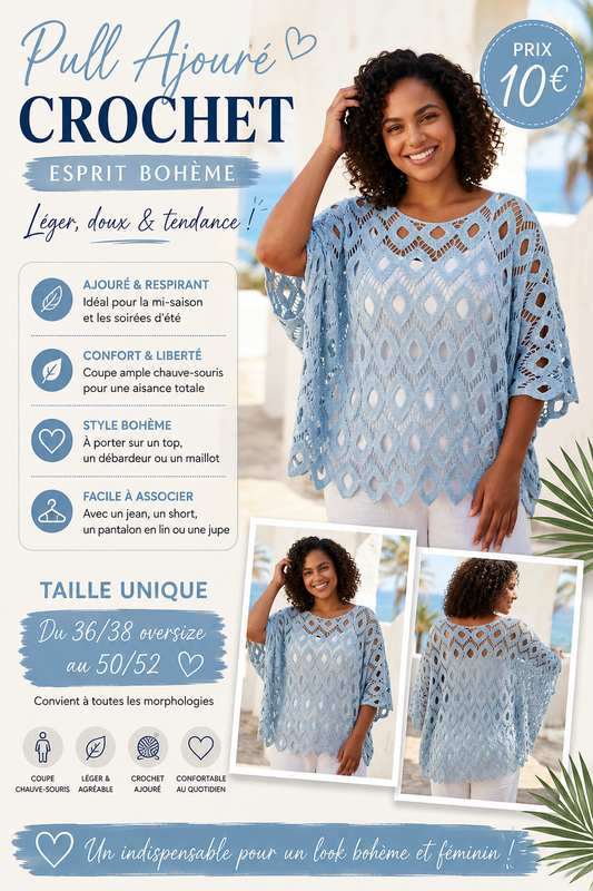 ✨ Pull ajouré en crochet – Esprit bohème & confort absolu