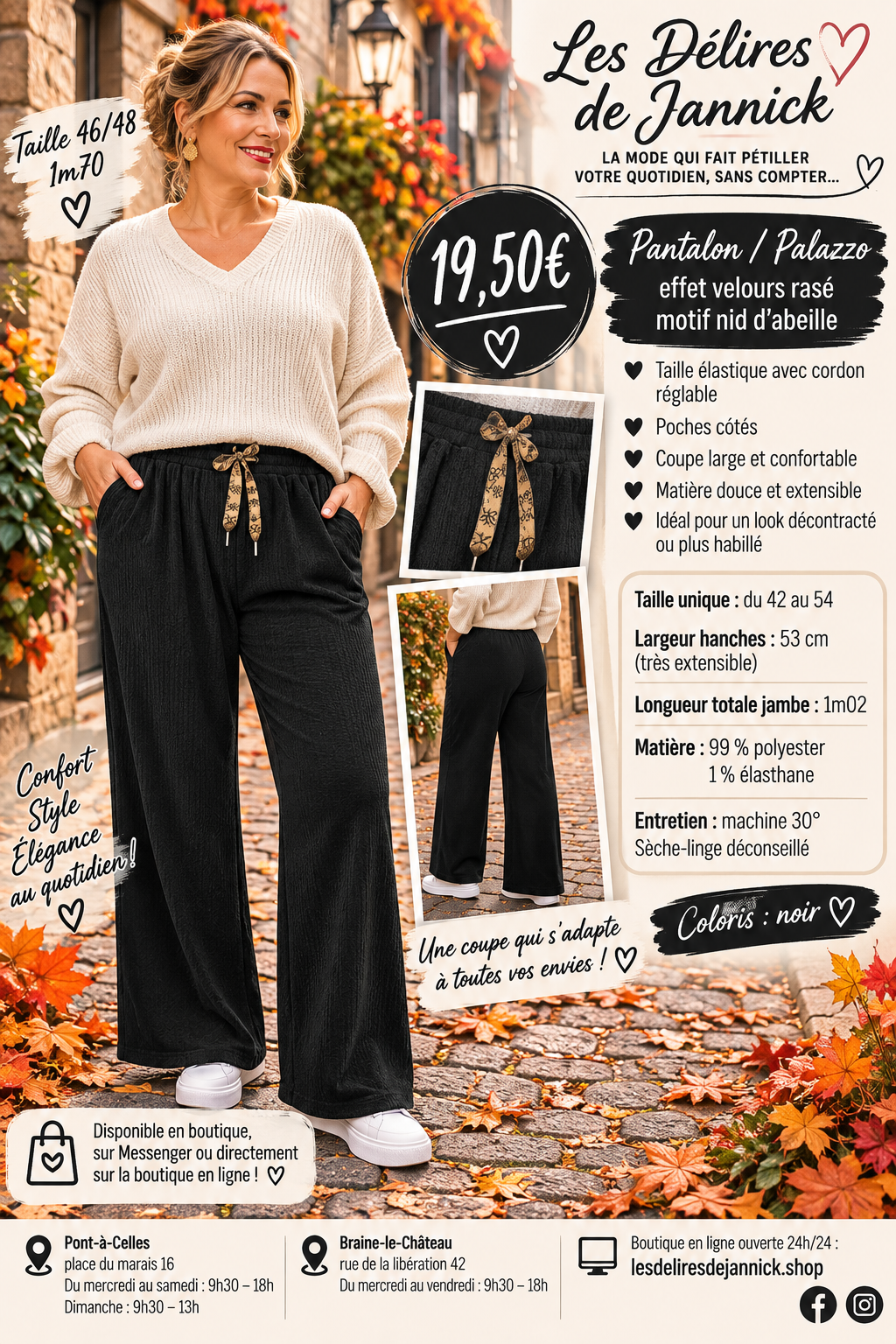 129 PANTALON / PALAZZO EFFET VELOURS RASÉ – ULTRA CONFORTABLE Coloris NOIR