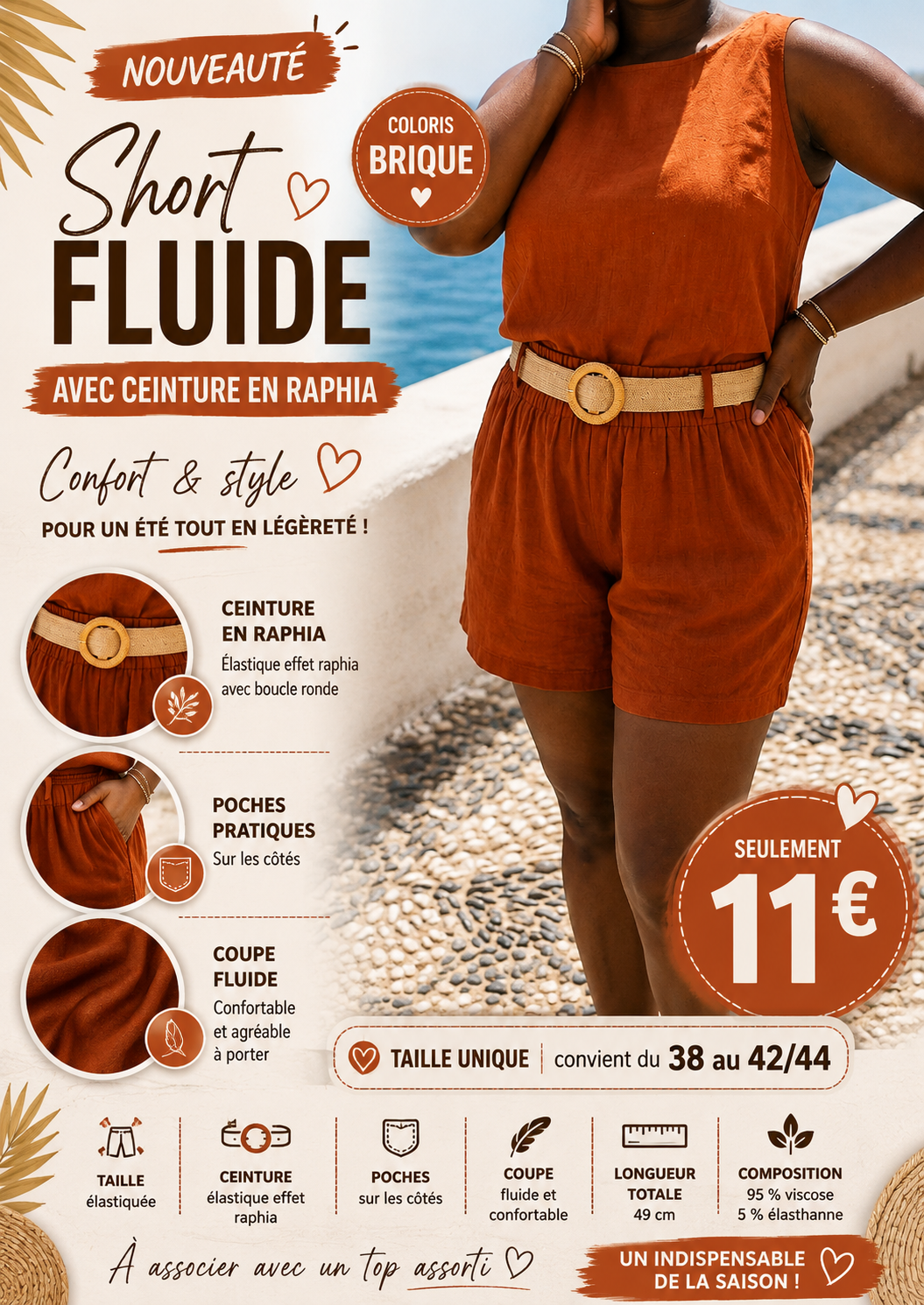 *29 ✨ SHORT FLUIDE AVEC CEINTURE EN RAPHIA – COLORIS Brique ✨