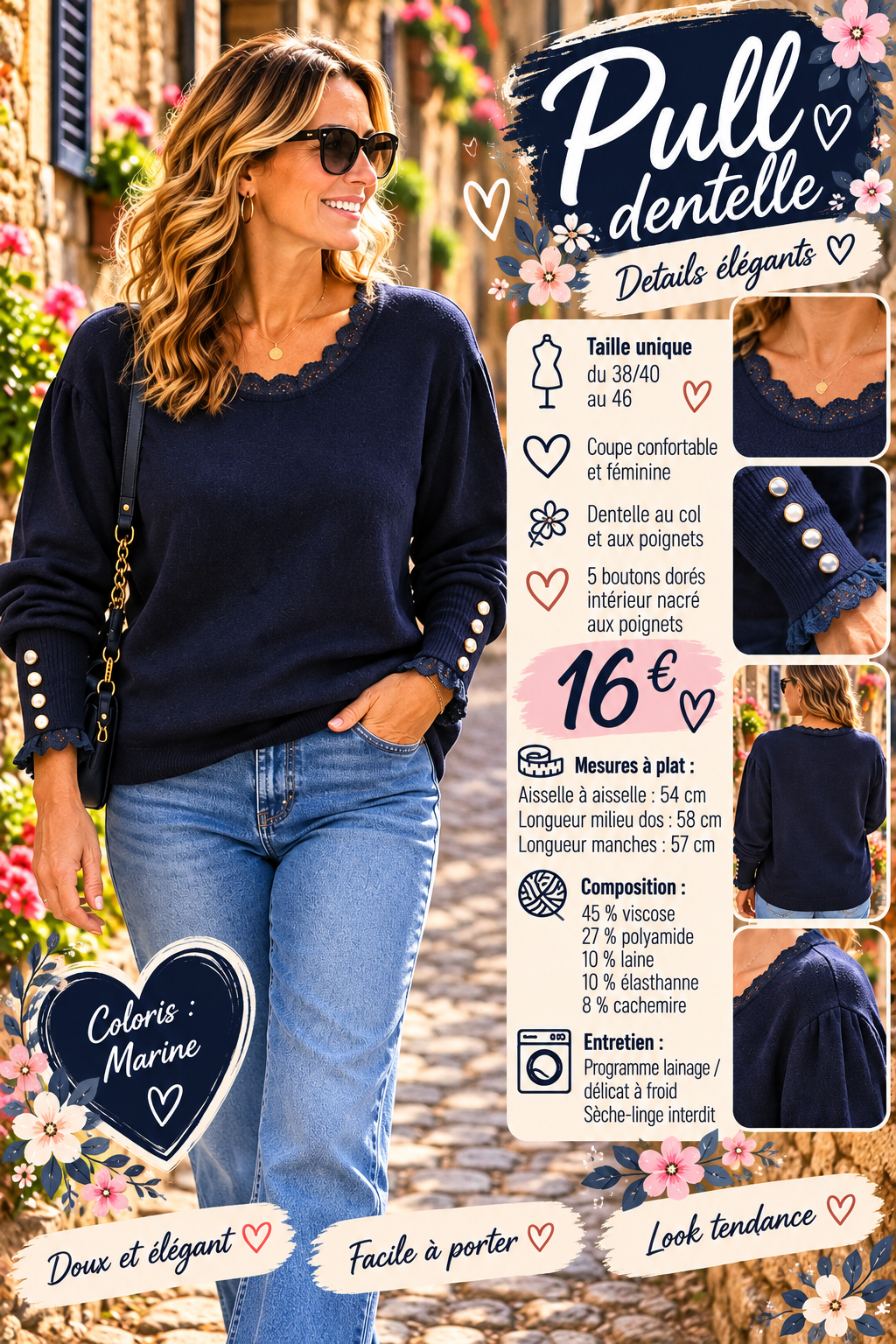 166 🌸🤎 PULL DENTELLE – FÉMININ & ÉLÉGANT 🤎🌸Coloris MARINE