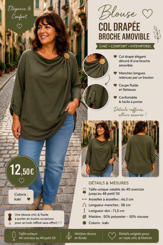 *63 🤍 Blouse col drapé & broche dorée – kaki