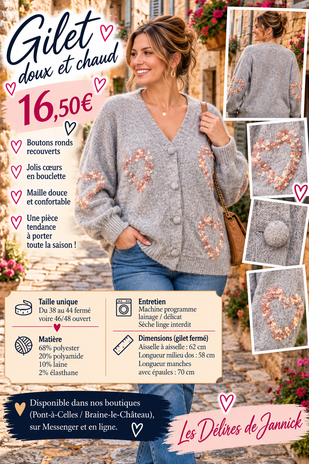 203 🌸 Gilet doux et chaud – Cœurs en bouclette 🌸Coloris GRIS